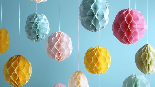Sur cette image, des boules de papier colorées de différentes tailles sont accrochées à des cordes sur un fond solide.