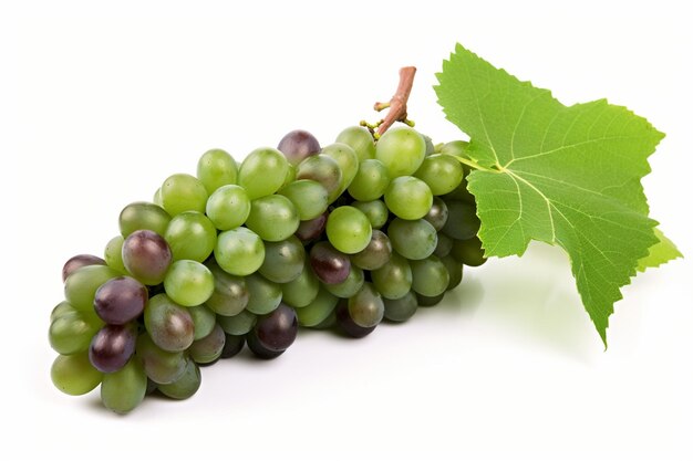 Une image d'un bouquet de raisins avec une feuille verte