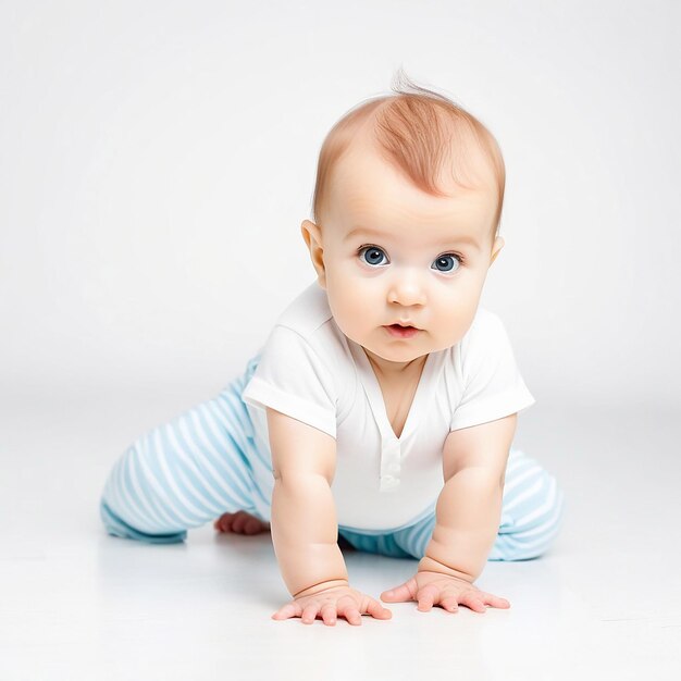 Une image brillante d'un bébé curieux rampant sur un fond blanc