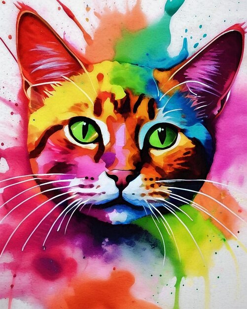 Photo image brillante d'un chat avec des peintures à l'aquarelle