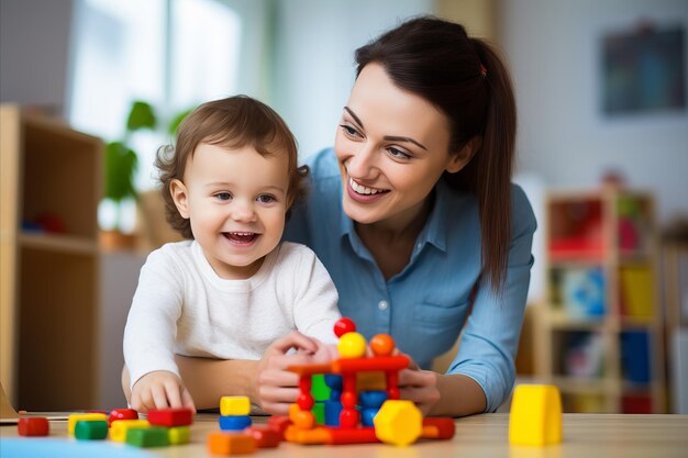 L'image brillante d'une mère joyeuse jouant avec son tout-petit heureux tous les deux souriant sur la construction colorée