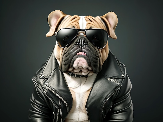 Une image d'un bulldog portant des lunettes de soleil et une veste en cuir noire