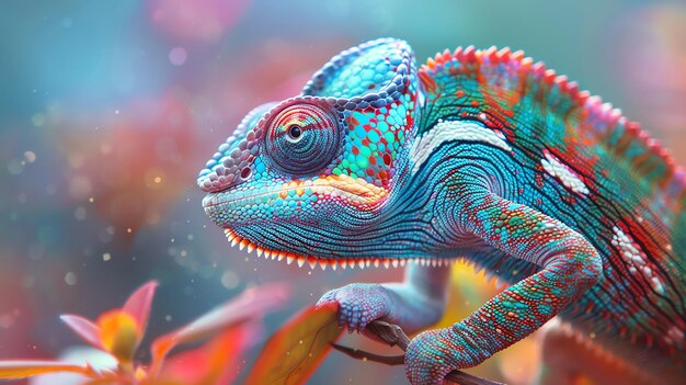 Image d'un caméléon aux couleurs vives avec un fond flou