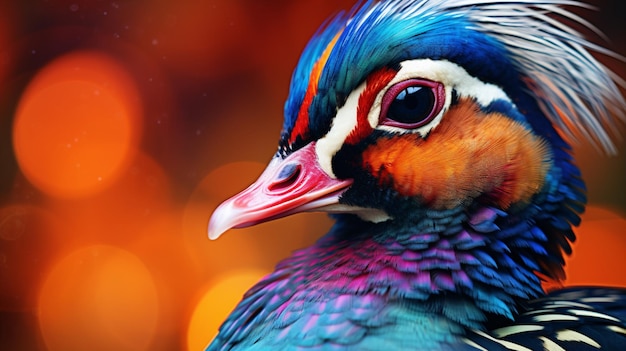 Image de canard mandarin à couper le souffle en gros plan extrême, art généré par Ai