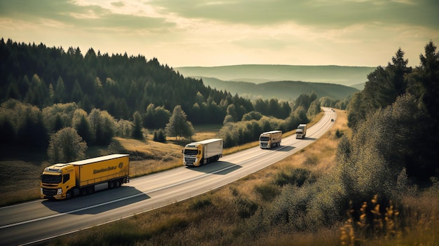 Photo une image captivante de camions dépassant sur une autoroute rurale illustrant la coordination transparente des transports modernes