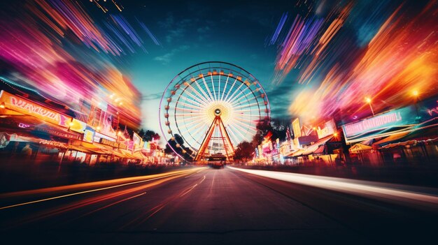 Une image captivante à longue exposition documentant les traces éblouissantes d'éclairage teinté formées par une roue de ferris tournante au milieu d'un carnaval animé