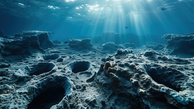 Photo cette image captivante montre la beauté sereine du fond de l'océan alors que la lumière du soleil filtre à travers l'eau jetant une lueur d'un autre monde sur les coraux et la vie marine.