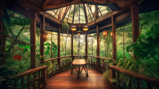 Une image captivante d'une somptueuse cabane dans les arbres nichée dans le feuillage tropical vibrant offrant une expérience immersive et exclusive