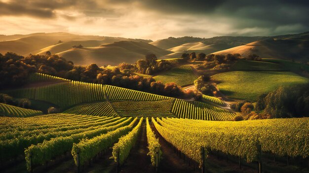 Une image captivante d'un vignoble prospère avec des collines gracieusement ondulées en arrière-plan