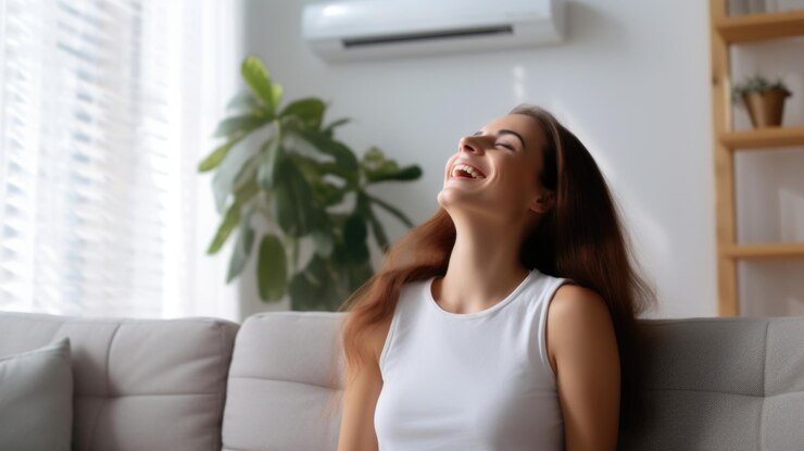 Une image capturant la joie sur le visage d'une femme alors qu'elle se prélasse dans la brise fraîche du climatiseur, éprouvant un pur bonheur et un soulagement face aux températures extérieures étouffantes générées par l'IA.