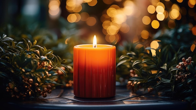 Une image capturant la lueur chaleureuse d'une bougie de Noël allumée entourée de branches à feuilles persistantes