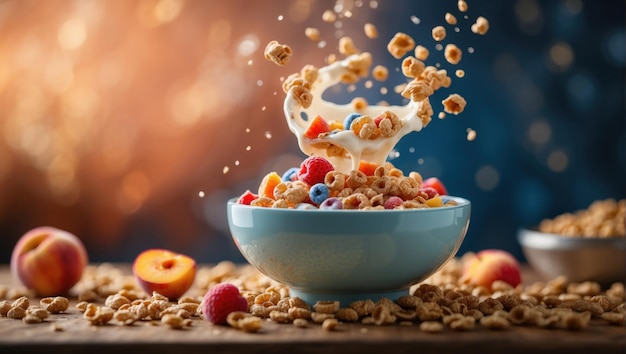 L'image capture le moment exact où les céréales se répandent dans un bol plein de céréales croustillantes et de fruits frais.