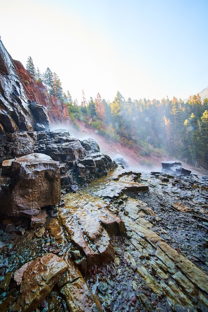 Image d'une cascade éclaboussant des rochers humides et glissants par derrière