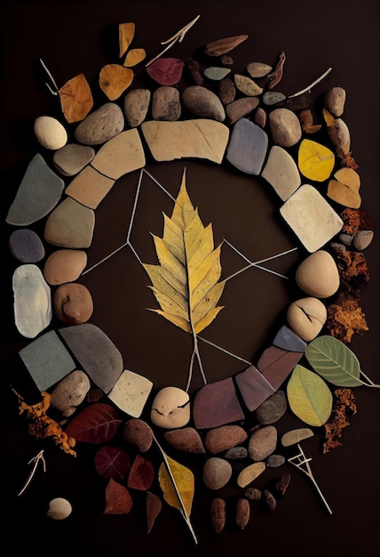 Une image d'un cercle fait de roches et de feuilles