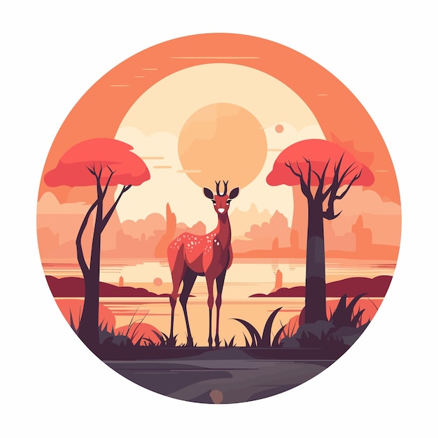 Une image d'un cerf et d'arbres avec un coucher de soleil en arrière-plan.