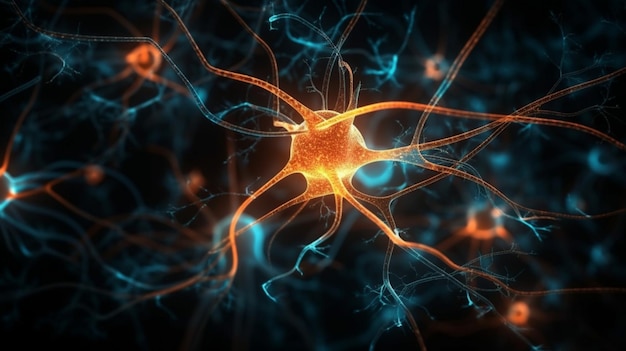 Une image d'un cerveau avec des lumières orange et bleues.