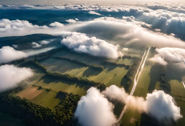 une image d'un champ avec des nuages et des arbres en arrière-plan