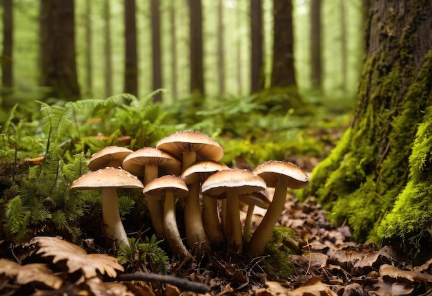 Une image de champignons frais sur un sol forestier