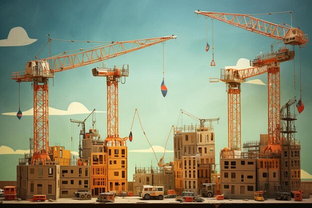 une image d'un chantier de construction avec beaucoup de grues