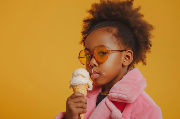 Image charmante d'une fille afro-américaine de 7 ans mangeant joyeusement un glace rayonnant de bonheur