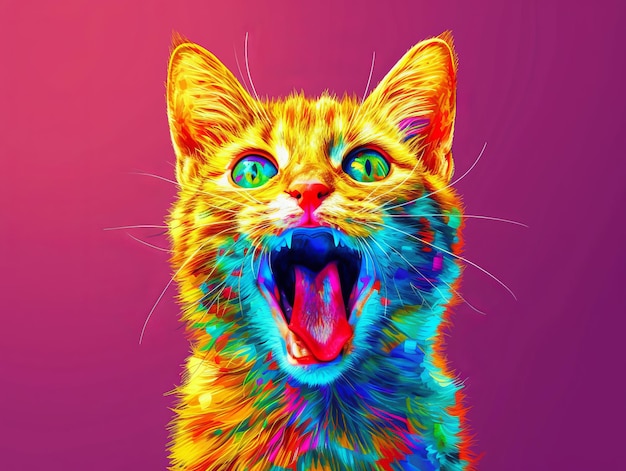 Photo une image d'un chat coloré avec la bouche ouverte