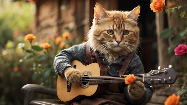 une image d'un chat jouant d'une petite guitare devant une maison charmante entourée d'une nature vibrante