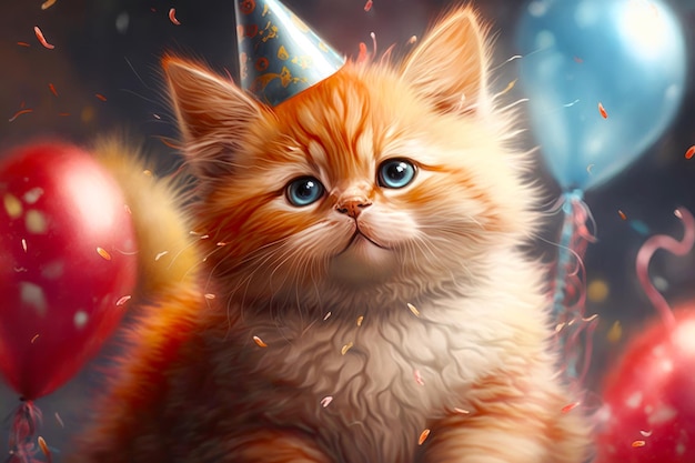 Image d'un chaton avec un chapeau de fête sur la tête AI générative