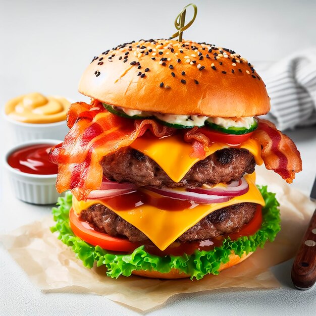 Photo image d'un cheeseburger avec du bacon