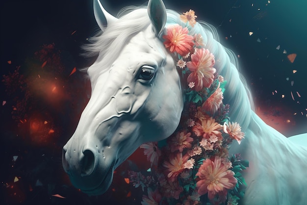 Image d'un cheval blanc entouré de fleurs tropicales colorées sur un fond propre Illustration d'animaux de la faune AI générative