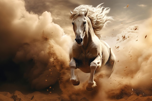 Image d'un cheval courant au milieu du désert dans une violente tempête de sable Faune Animaux Generative AI Illustration