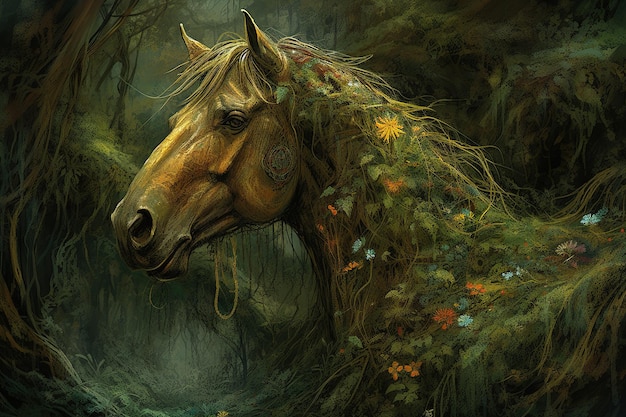 Image d'un cheval dans la jungle recouverte de feuilles et d'herbe Illustration d'animaux sauvages IA générative