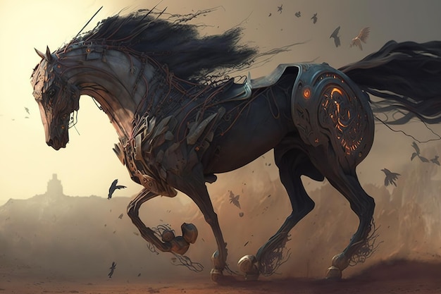 Image de cheval guerrier fantastique Illustration d'animaux de la faune AI générative