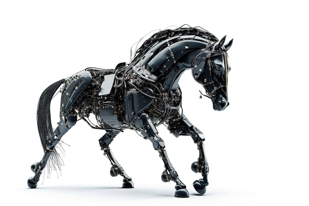 Image d'un cheval modifié en robot électronique sur fond blanc Illustration d'animaux sauvages IA générative