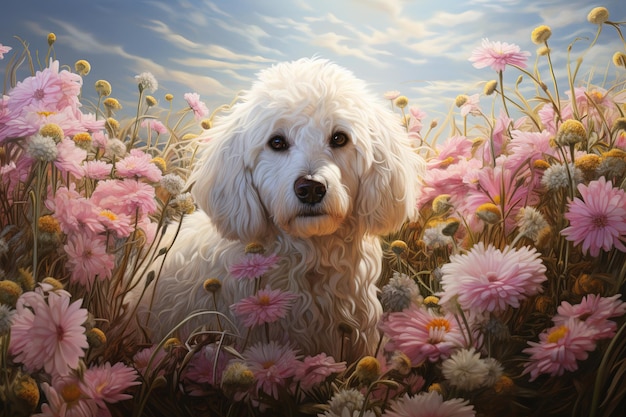 Image de chien caniche est dans le jardin avec de belles fleurs Pet Animals Generative AI Illustration