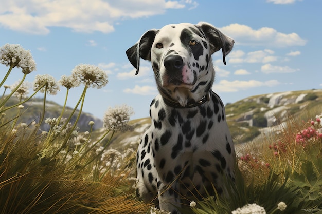 Image de chien dalmatien est dans le jardin avec de belles fleurs dans lesquelles le fond est un ciel lumineux Pet Animals Generative AI Illustration