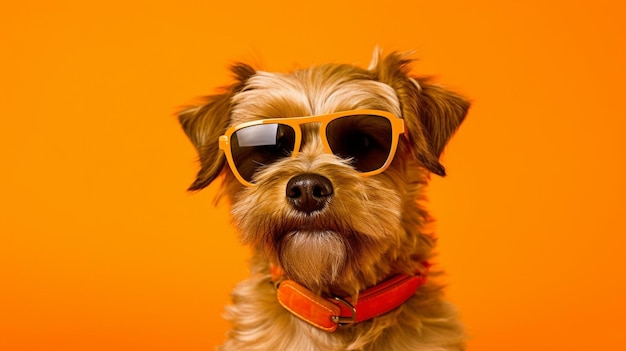 Image de chien IA générative avec des lunettes de soleil sur fond orange