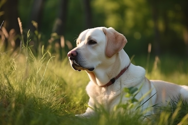 Image d'un chien labrador se reposant sur l'herbe verte du pâturage en été Animaux de compagnie Illustration IA générative