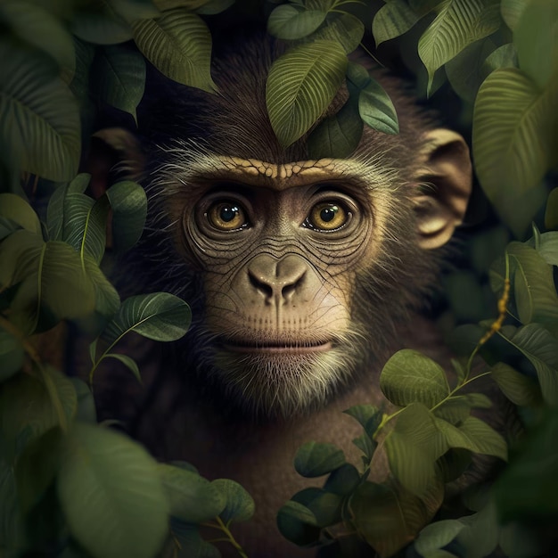 Une image de chimpanzé regardant à travers les feuilles Generative AI