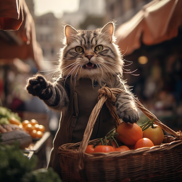 Photo image cinématographique d'un chat tenant un sac d'achat plein de légumes avec des pattes