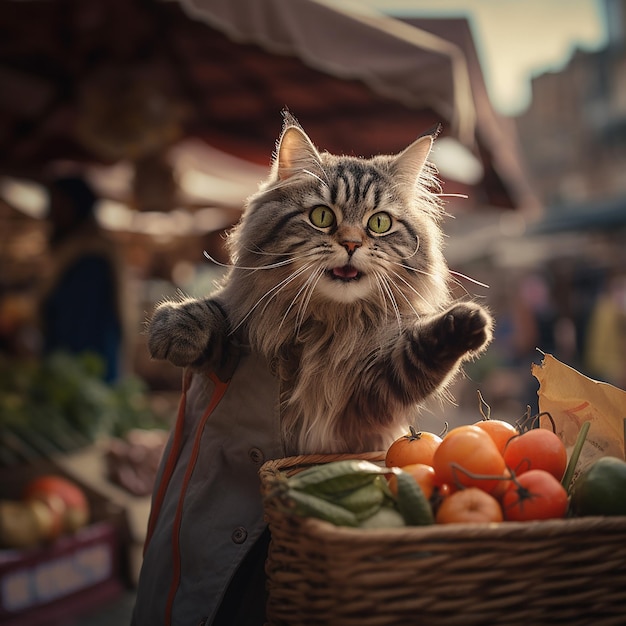 Image cinématographique d'un chat tenant un sac d'achat plein de légumes avec des pattes