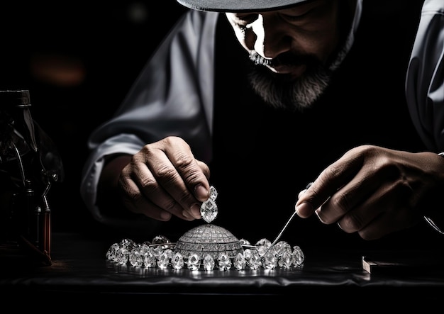 Une image classique en noir et blanc d'un bijoutier sertissant méticuleusement des pierres précieuses dans un platine.