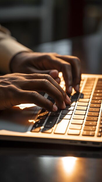 Une image close-up rétroéclairée d'une personne noire en train de taper sur un clavier d'ordinateur portable