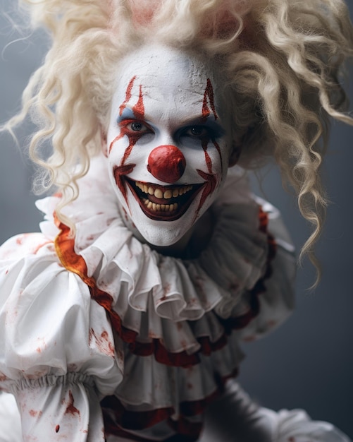 une image d'un clown avec un maquillage blanc et des cheveux rouges