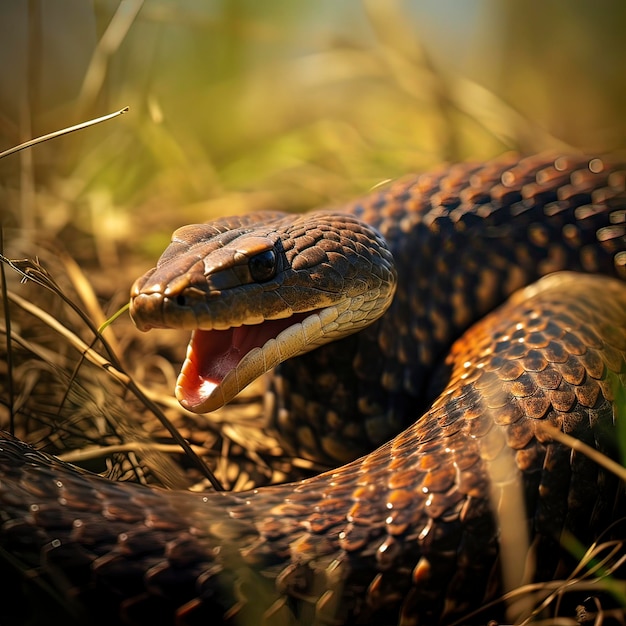 Image d'un cobra frappant dans l'herbe ai générative