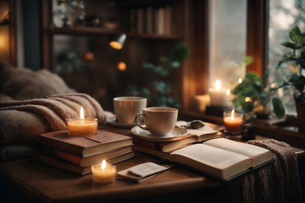 Une image d'un coin confortable avec un bon livre, une tasse de thé et un éclairage doux.