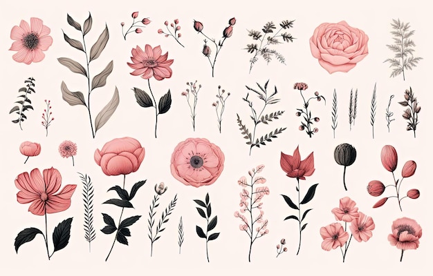 une image d'une collection de fleurs dessinée à la main dans le style de représentations de flores délicates