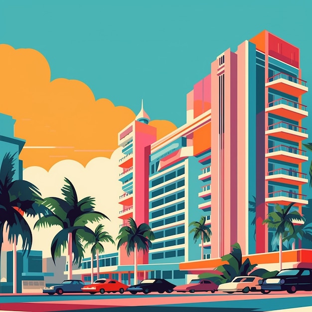 une image colorée d'un bâtiment avec des palmiers et des voitures.