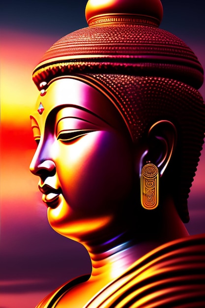 Une image colorée d'un bouddha avec une boucle d'oreille en or.