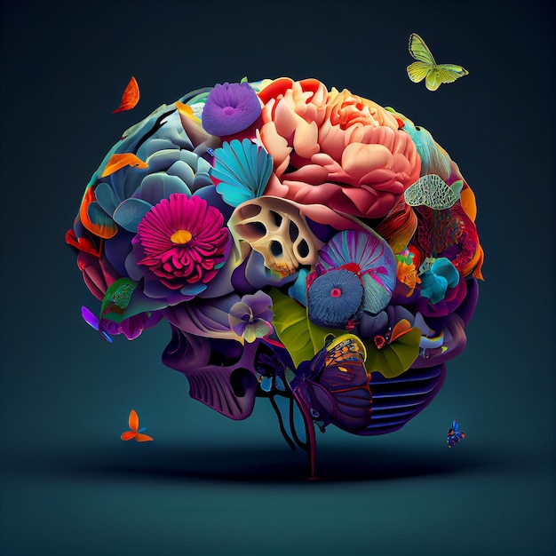 Une image colorée d'un cerveau avec des fleurs dessus.