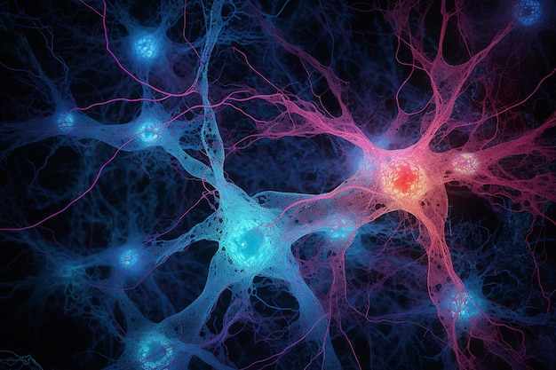 Une image colorée du cerveau avec les mots neurone sur le côté droit.